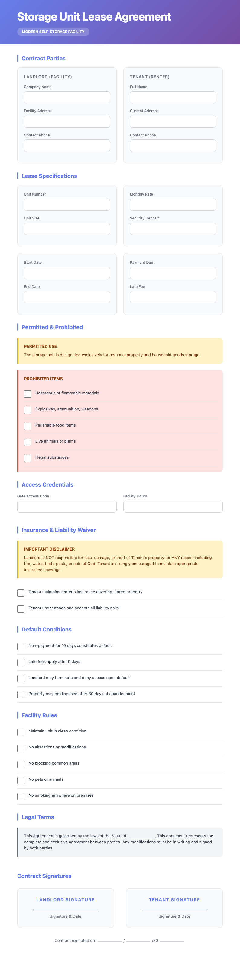 Bold contemporary tech SaaS storage unit lease agreement